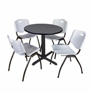 SMALL 30 IN. ROUND X-BASE BREAKROOM TABLE- GREY & 4 M STACK CHAIRS- GREY <FONT COLOR=GREEN>-FREE SHIPPING-</FONT>