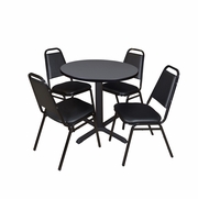 SMALL 30 IN. ROUND X-BASE BREAKROOM TABLE- GREY & 4 RESTAURANT STACK CHAIRS- BLACK <FONT COLOR=GREEN>-FREE SHIPPING-</FONT>