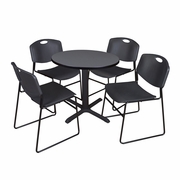 SMALL 30 IN. ROUND X-BASE BREAKROOM TABLE- GREY & 4 STACK CHAIRS- BLACK <FONT COLOR=GREEN>-FREE SHIPPING-</FONT>