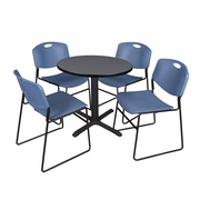 SMALL 30 IN. ROUND X-BASE BREAKROOM TABLE- GREY & 4 STACK CHAIRS- BLUE <FONT COLOR=GREEN>-FREE SHIPPING-</FONT>