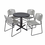 SMALL 30 IN. ROUND X-BASE BREAKROOM TABLE- GREY & 4 STACK CHAIRS- GREY <FONT COLOR=GREEN>-FREE SHIPPING-</FONT>