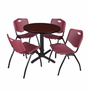 SMALL 30 IN. ROUND X-BASE BREAKROOM TABLE- MAHOGANY & 4 M STACK CHAIRS- BURGUNDY <FONT COLOR=GREEN>-FREE SHIPPING-</FONT>