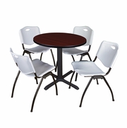SMALL 30 IN. ROUND X-BASE BREAKROOM TABLE- MAHOGANY & 4 M STACK CHAIRS- GREY <FONT COLOR=GREEN>-FREE SHIPPING-</FONT>
