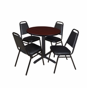 SMALL 30 IN. ROUND X-BASE BREAKROOM TABLE- MAHOGANY & 4 RESTAURANT STACK CHAIRS- BLACK <FONT COLOR=GREEN>-FREE SHIPPING-</FONT>