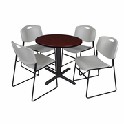 SMALL 30 IN. ROUND X-BASE BREAKROOM TABLE- MAHOGANY & 4 STACK CHAIRS- GREY <FONT COLOR=GREEN>-FREE SHIPPING-</FONT>