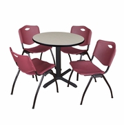 SMALL 30 IN. ROUND X-BASE BREAKROOM TABLE- MAPLE & 4 M STACK CHAIRS- BURGUNDY <FONT COLOR=GREEN>-FREE SHIPPING-</FONT>