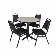 SMALL 30 IN. ROUND X-BASE BREAKROOM TABLE- MAPLE & 4 RESTAURANT STACK CHAIRS- BLACK <FONT COLOR=GREEN>-FREE SHIPPING-</FONT>