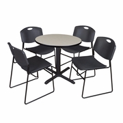 SMALL 30 IN. ROUND X-BASE BREAKROOM TABLE- MAPLE & 4 STACK CHAIRS- BLACK <FONT COLOR=GREEN>-FREE SHIPPING-</FONT>