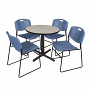 SMALL 30 IN. ROUND X-BASE BREAKROOM TABLE- MAPLE & 4 STACK CHAIRS- BLUE <FONT COLOR=GREEN>-FREE SHIPPING-</FONT>