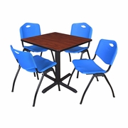 SMALL 30 IN. SQUARE X-BASE BREAKROOM TABLE- CHERRY & 4 M STACK CHAIRS- BLUE <FONT COLOR=GREEN>-FREE SHIPPING-</FONT>
