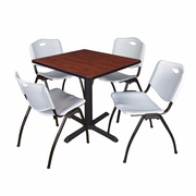 SMALL 30 IN. SQUARE X-BASE BREAKROOM TABLE- CHERRY & 4 M STACK CHAIRS- GREY <FONT COLOR=GREEN>-FREE SHIPPING-</FONT>