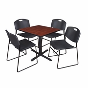 SMALL 30 IN. SQUARE X-BASE BREAKROOM TABLE- CHERRY & 4 STACK CHAIRS- BLACK <FONT COLOR=GREEN>-FREE SHIPPING-</FONT>