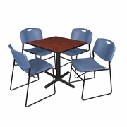 SMALL 30 IN. SQUARE X-BASE BREAKROOM TABLE- CHERRY & 4 STACK CHAIRS- BLUE <FONT COLOR=GREEN>-FREE SHIPPING-</FONT>