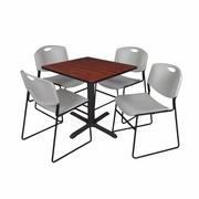 SMALL 30 IN. SQUARE X-BASE BREAKROOM TABLE- CHERRY & 4 STACK CHAIRS- GREY <FONT COLOR=GREEN>-FREE SHIPPING-</FONT>