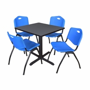 SMALL 30 IN. SQUARE X-BASE BREAKROOM TABLE- GREY & 4 M STACK CHAIRS- BLUE <FONT COLOR=GREEN>-FREE SHIPPING-</FONT>