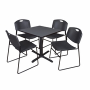 SMALL 30 IN. SQUARE X-BASE BREAKROOM TABLE- GREY & 4 STACK CHAIRS- BLACK <FONT COLOR=GREEN>-FREE SHIPPING-</FONT>