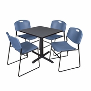 SMALL 30 IN. SQUARE X-BASE BREAKROOM TABLE- GREY & 4 STACK CHAIRS- BLUE <FONT COLOR=GREEN>-FREE SHIPPING-</FONT>