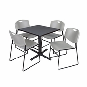 SMALL 30 IN. SQUARE X-BASE BREAKROOM TABLE- GREY & 4 STACK CHAIRS- GREY <FONT COLOR=GREEN>-FREE SHIPPING-</FONT>
