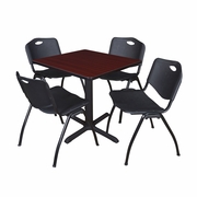 SMALL 30 IN. SQUARE X-BASE BREAKROOM TABLE- MAHOGANY & 4 M STACK CHAIRS- BLACK <FONT COLOR=GREEN>-FREE SHIPPING-</FONT>