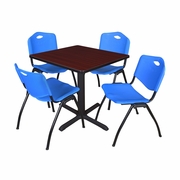 SMALL 30 IN. SQUARE X-BASE BREAKROOM TABLE- MAHOGANY & 4 M STACK CHAIRS- BLUE <FONT COLOR=GREEN>-FREE SHIPPING-</FONT>