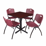 SMALL 30 IN. SQUARE X-BASE BREAKROOM TABLE- MAHOGANY & 4 M STACK CHAIRS- BURGUNDY <FONT COLOR=GREEN>-FREE SHIPPING-</FONT>