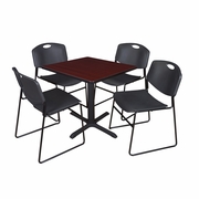 SMALL 30 IN. SQUARE X-BASE BREAKROOM TABLE- MAHOGANY & 4 STACK CHAIRS- BLACK <FONT COLOR=GREEN>-FREE SHIPPING-</FONT>