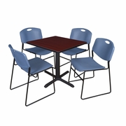 SMALL 30 IN. SQUARE X-BASE BREAKROOM TABLE- MAHOGANY & 4 STACK CHAIRS- BLUE <FONT COLOR=GREEN>-FREE SHIPPING-</FONT>