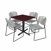 SMALL 30 IN. SQUARE X-BASE BREAKROOM TABLE- MAHOGANY & 4 STACK CHAIRS- GREY <FONT COLOR=GREEN>-FREE SHIPPING-</FONT>
