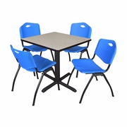 SMALL 30 IN. SQUARE X-BASE BREAKROOM TABLE- MAPLE & 4 M STACK CHAIRS- BLUE <FONT COLOR=GREEN>-FREE SHIPPING-</FONT>