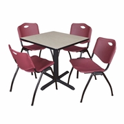 SMALL 30 IN. SQUARE X-BASE BREAKROOM TABLE- MAPLE & 4 M STACK CHAIRS- BURGUNDY <FONT COLOR=GREEN>-FREE SHIPPING-</FONT>
