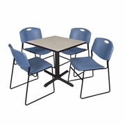 SMALL 30 IN. SQUARE X-BASE BREAKROOM TABLE- MAPLE & 4 STACK CHAIRS- BLUE <FONT COLOR=GREEN>-FREE SHIPPING-</FONT>