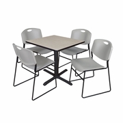 SMALL 30 IN. SQUARE X-BASE BREAKROOM TABLE- MAPLE & 4 STACK CHAIRS- GREY <FONT COLOR=GREEN>-FREE SHIPPING-</FONT>