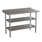 STAINLESS STEEL 18 GAUGE WORK TABLE WITH 1.5" BACKSPLASH AND 2 UNDERSHELVES - 48"W X 24"D X 36"H, NSF <font color=green>FREE SHIPPING!</font>