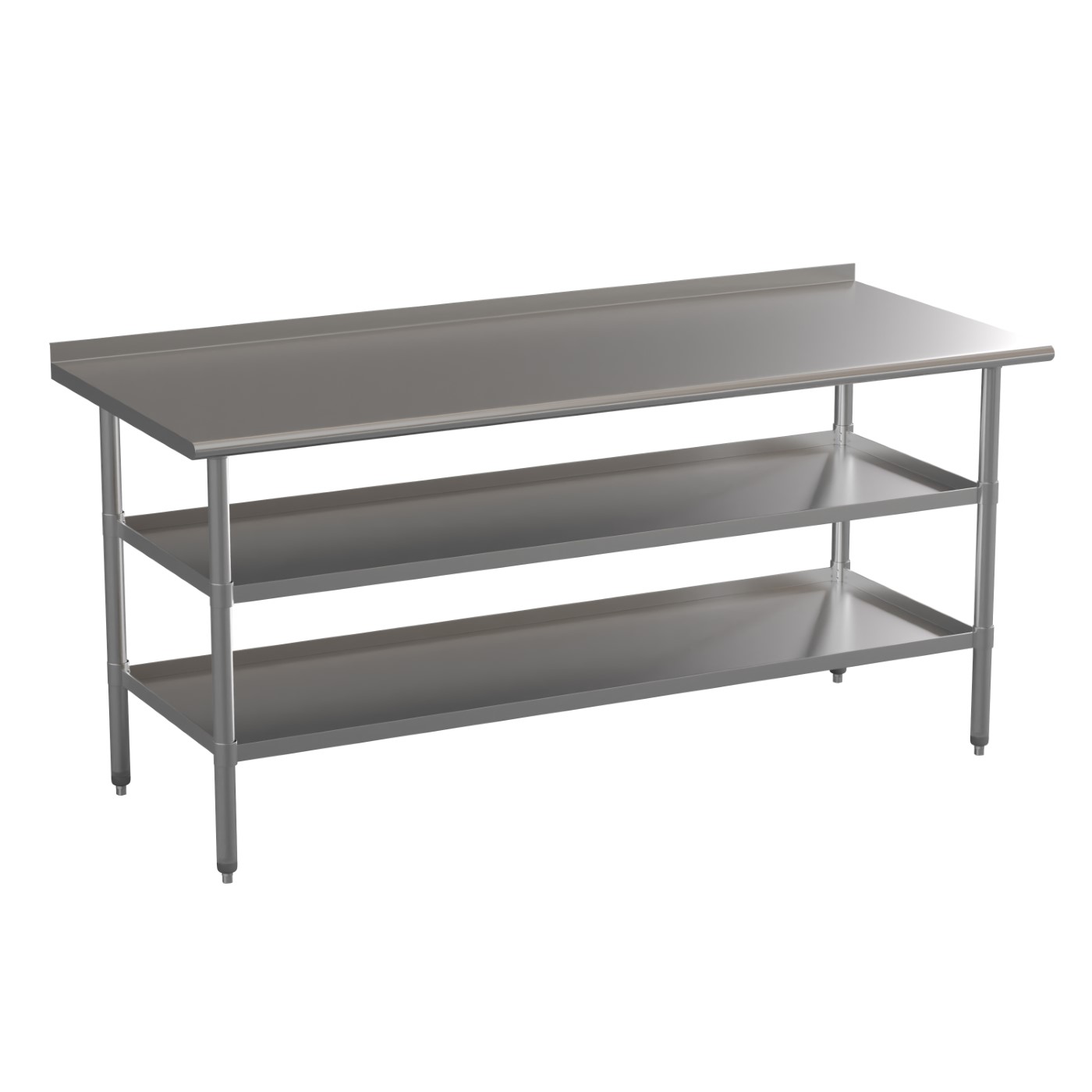 STAINLESS STEEL 18 GAUGE WORK TABLE WITH 1.5" BACKSPLASH AND 2 UNDERSHELVES - 72"W X 30"D X 34.5"H, NSF <font color=green>FREE SHIPPING!</font> STAINLESS STEEL 18 GAUGE WORK TABLE WITH 1.5" BACKSPLASH AND 2 UNDERSHELVES - 72"W X 30"D X 34.5"H, NSF <font color=green>FREE SHIPPING!</font>