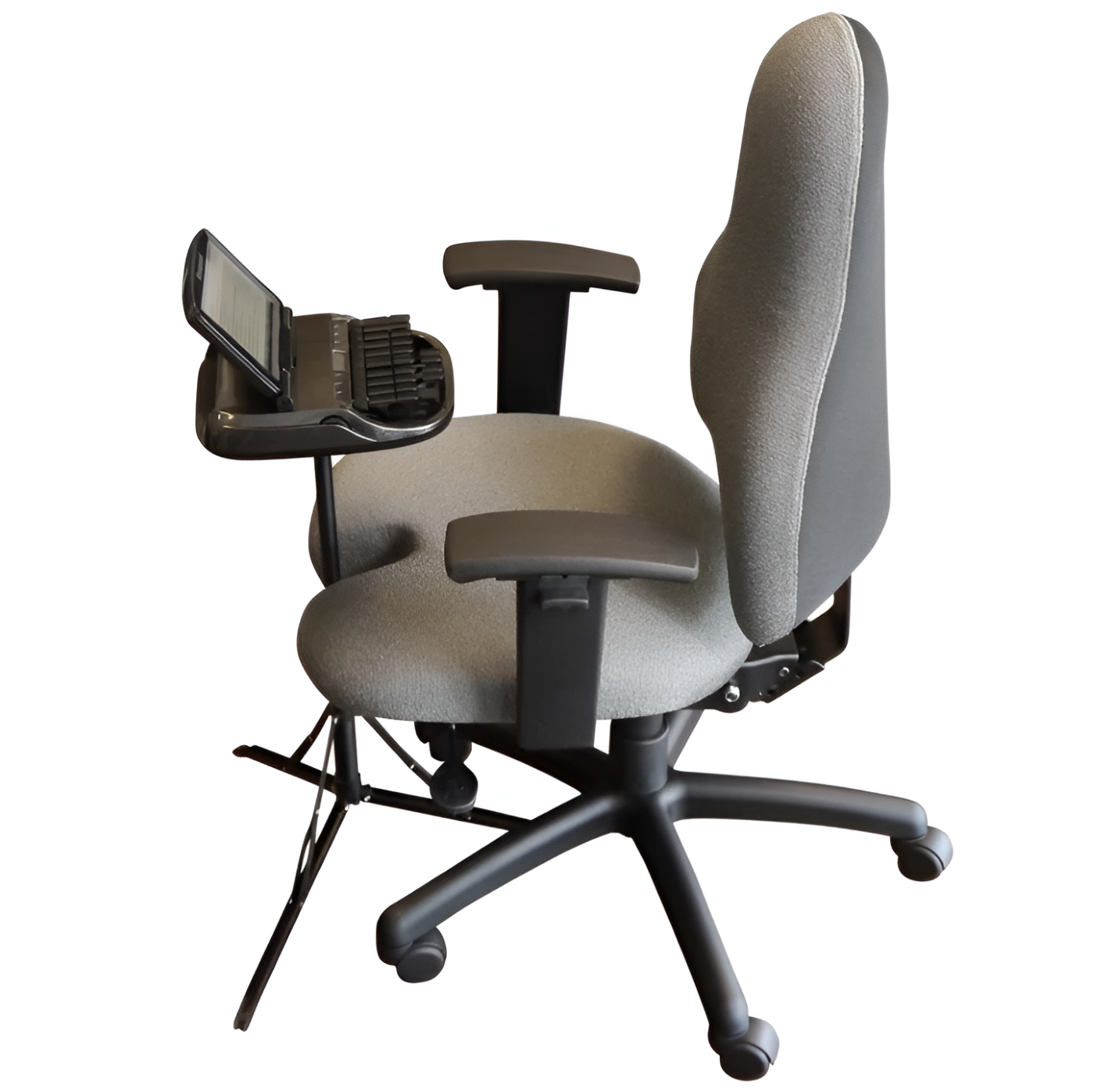 STENO CHAIR FOR COURT REPORTERS W/CUTOUT FOR STENOGRAPH TRIPOD. STENO CHAIR FOR COURT REPORTERS W/CUTOUT FOR STENOGRAPH TRIPOD.