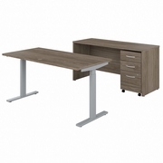STUDIO C 60W HEIGHT ADJUSTABLE STANDING DESK WITH CREDENZA AND FILE CABINET: MODERN HICKORY <FONT COLOR=GREEN>-FREE SHIPPING-</FONT>