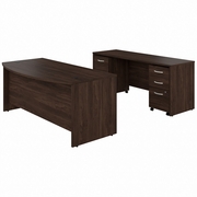 STUDIO C 72W X 36D BOW FRONT DESK AND CREDENZA WITH MOBILE FILE CABINETS: BLACK WALNUT <FONT COLOR=GREEN>-FREE SHIPPING-</FONT>