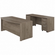 STUDIO C 72W X 36D BOW FRONT DESK AND CREDENZA WITH MOBILE FILE CABINETS: MODERN HICKORY <FONT COLOR=GREEN>-FREE SHIPPING-</FONT>
