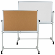 TOUGH ENOUGH SERIES 53"W X 59"H REVERSIBLE MOBILE CORK BULLETIN BOARD AND WHITE BOARD WITH PEN TRAY: <font color=green>FREE SHIPPING!</font>