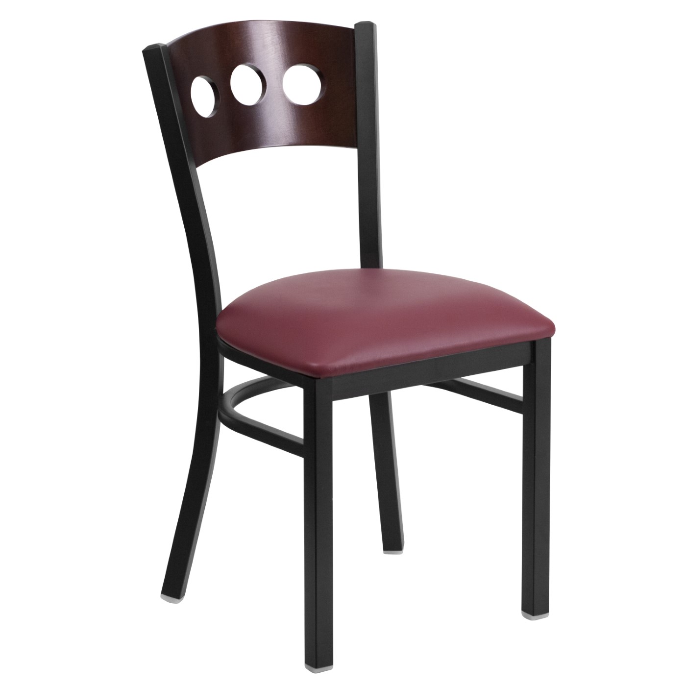 TOUGH ENOUGH SERIES BLACK 3 CIRCLE BACK METAL RESTAURANT CHAIR - WALNUT WOOD BACK, BURGUNDY VINYL SEAT <font color=green>FREE SHIPPING!</font> TOUGH ENOUGH SERIES BLACK 3 CIRCLE BACK METAL RESTAURANT CHAIR - WALNUT WOOD BACK, BURGUNDY VINYL SEAT <font color=green>FREE SHIPPING!</font>