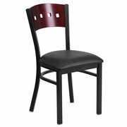 TOUGH ENOUGH SERIES BLACK 4 SQUARE BACK METAL RESTAURANT CHAIR - MAHOGANY WOOD BACK, BLACK VINYL SEAT: <font color=green>FREE SHIPPING!</font>