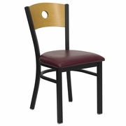 TOUGH ENOUGH SERIES BLACK CIRCLE BACK METAL RESTAURANT CHAIR - NATURAL WOOD BACK, BURGUNDY VINYL SEAT: <font color=green>FREE SHIPPING!</font>