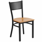 TOUGH ENOUGH SERIES BLACK GRID BACK METAL RESTAURANT CHAIR - NATURAL WOOD SEAT <font color=green>FREE SHIPPING!</font>