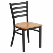 TOUGH ENOUGH SERIES BLACK LADDER BACK METAL RESTAURANT CHAIR - NATURAL WOOD SEAT <font color=green>FREE SHIPPING!</font>