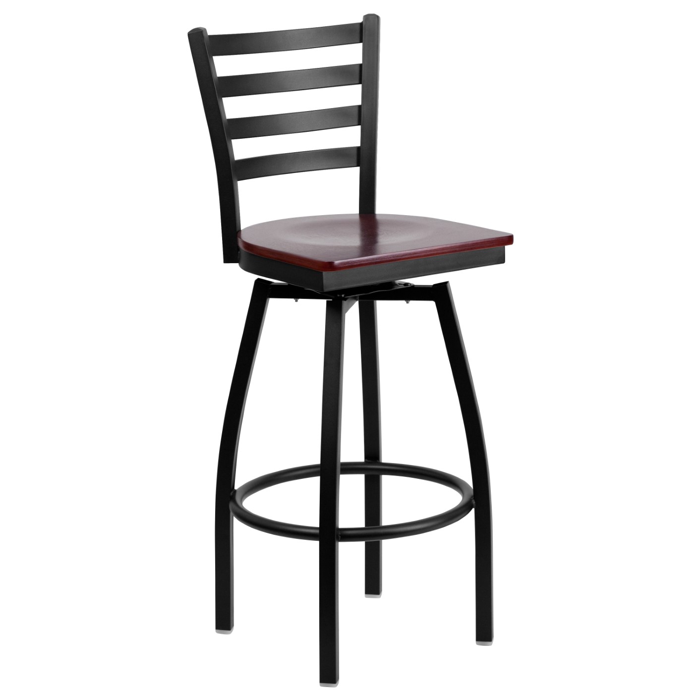 TOUGH ENOUGH SERIES BLACK LADDER BACK SWIVEL METAL BARSTOOL - MAHOGANY WOOD SEAT: <font color=green>FREE SHIPPING!</font> TOUGH ENOUGH SERIES BLACK LADDER BACK SWIVEL METAL BARSTOOL - MAHOGANY WOOD SEAT: <font color=green>FREE SHIPPING!</font>