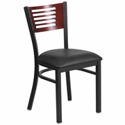 TOUGH ENOUGH SERIES BLACK SLAT BACK METAL RESTAURANT CHAIR - MAHOGANY WOOD BACK, BLACK VINYL SEAT: <font color=green>FREE SHIPPING!</font>