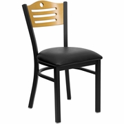 TOUGH ENOUGH SERIES BLACK SLAT BACK METAL RESTAURANT CHAIR - NATURAL WOOD BACK, BLACK VINYL SEAT <font color=green>FREE SHIPPING!</font>