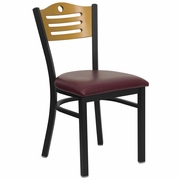 TOUGH ENOUGH SERIES BLACK SLAT BACK METAL RESTAURANT CHAIR - NATURAL WOOD BACK, BURGUNDY VINYL SEAT: <font color=green>FREE SHIPPING!</font>