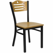 TOUGH ENOUGH SERIES BLACK SLAT BACK METAL RESTAURANT CHAIR - NATURAL WOOD BACK & SEAT <font color=green>FREE SHIPPING!</font>