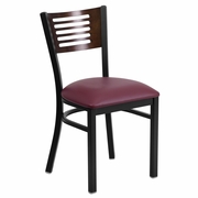 TOUGH ENOUGH SERIES BLACK SLAT BACK METAL RESTAURANT CHAIR - WALNUT WOOD BACK, BURGUNDY VINYL SEAT <font color=green>FREE SHIPPING!</font>